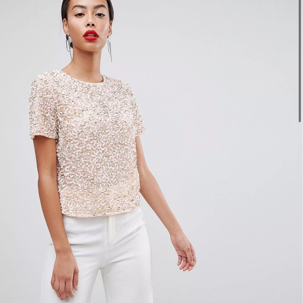 ASOS Design Sequin T-Shirt soft pink size 2